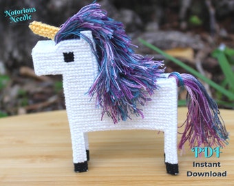 3D Cross Stitch Mini Unicorn Pattern Fabulous Fred with Purple Mane and Tail on Plastic Canvas Miniature PDF Instant Digital Download