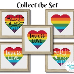 BUNDLE Love is Love LGBTQ Queer Quote in Rainbow Pride Flag Heart Cross Stitch Pattern PDF Instant Digital Download image 1