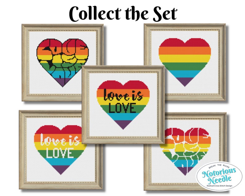 BUNDLE Love is Love LGBTQ Queer Quote in Rainbow Pride Flag Heart Cross Stitch Pattern PDF Instant Digital Download image 1