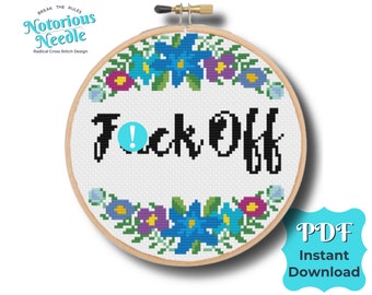 Curse Swear Word Cross Stitch Pattern Quote, Fuck Off in Black with Blue Floral Wreath PDF Instant Digital Download