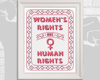 Women's Rights are Human Rights Inspirational Quote Cross Stitch Pattern in Coral Alphabet with Mauve Border, PDF Instant Digital Download