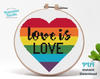 Love is Love LGBTQ+ Queer Quote in Rainbow Flag Heart & Black Letters Cross Stitch Pattern PDF Instant Digital Download