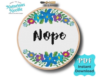 Nope Cross Stitch Pattern Funny Quote in Black Alphabet with Blue Floral Wreath PDF Instant Digital Download