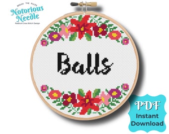 Curse Swear Word Cross Stitch Pattern Quote, Balls in Black with Red Floral Wreath PDF Instant Digital Download