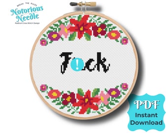 Curse Swear Word, Fuck Cross Stitch Pattern in Black Alphabet with Red Floral Wreath PDF Instant Digital Download