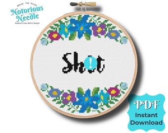 Curse Swear Word Cross Stitch Pattern Quote, Shit in Black with Blue Floral Wreath PDF Instant Digital Download