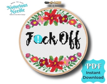 Curse Swear Word Cross Stitch Pattern Quote, Fuck Off in Black with Red Floral Wreath PDF Instant Digital Download