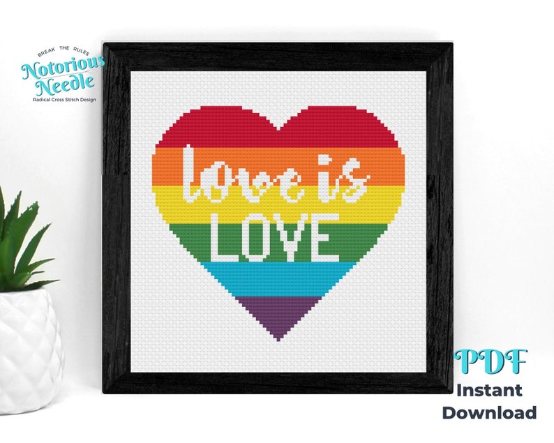 BUNDLE Love is Love LGBTQ Queer Quote in Rainbow Pride Flag Heart Cross Stitch Pattern PDF Instant Digital Download image 3