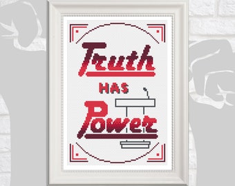 Truth Has Power Citation inspirante Cross Stitch Pattern en Alphabet rouge et violet avec bordure, PDF Téléchargement numérique instantané