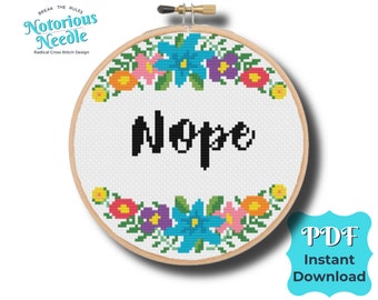 Nope Cross Stitch Pattern, Funny Quote in Black Alphabet with Rainbow Floral Wreath PDF Instant Digital Download