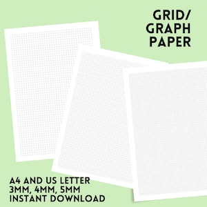 Könnte beinhalten: Drei Blätter weißes kariertes Papier mit einem feinen schwarzen Rastermuster. Der Text "GRID/GRAPH PAPER" steht oben, und "A4 AND US LETTER 3MM, 4MM, 5MM INSTANT DOWNLOAD" steht unten. Das Papier ist für verschiedene Zwecke geeignet.