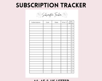 Subscription Tracker Printable PDF | Monthly and Yearly Subscription Log | A4, A5, US Letter | Budget Planner Insert | Instant Download