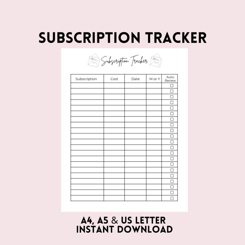 Subscriptions Printable Subscription Tracker Printable PDF | Monthly and Yearly Subscription ...