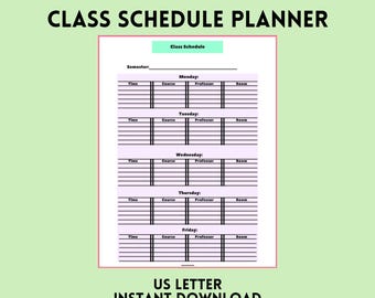 Class Schedule Planner | US Letter PDF | Instant Download | Bullet Journal