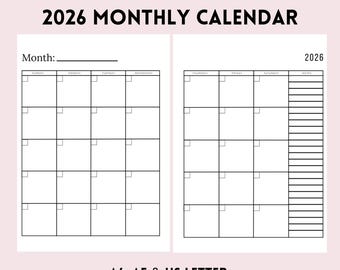 2026 Monthly Calendar Planner | Two Pages | Fillable Month and Date | A4, A5, & US Letter | Instant Download