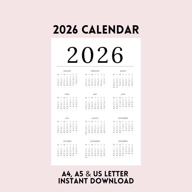 2026 Yearly Calendar Printable | A4, A5, & US Letter | Monday Start