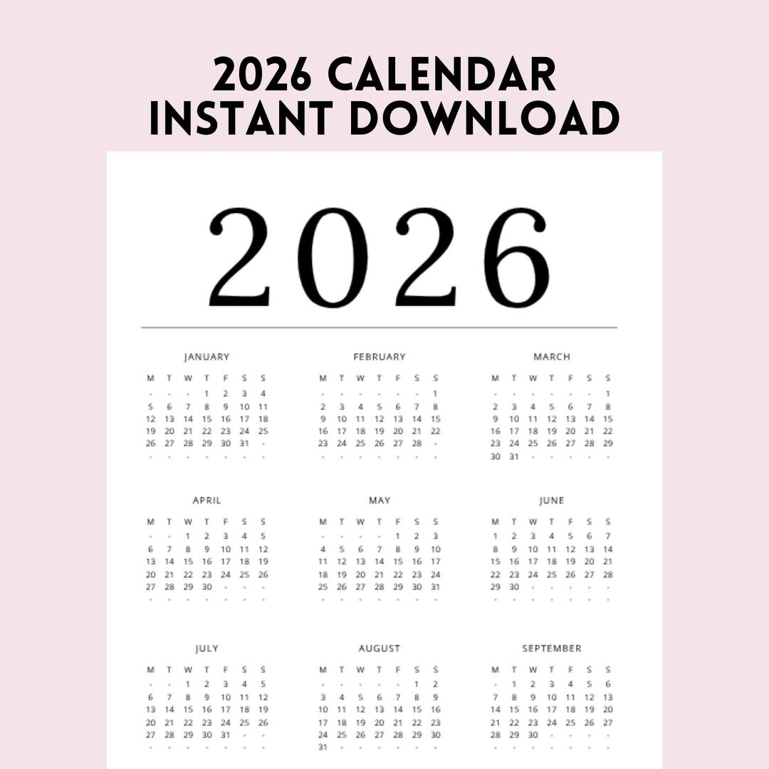 2026 Yearly Calendar Printable | A4, A5, & US Letter | Monday Start