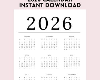 2026 Yearly Calendar Printable | A4, A5, & US Letter | Monday Start | Minimalist Black and White | Instant Download