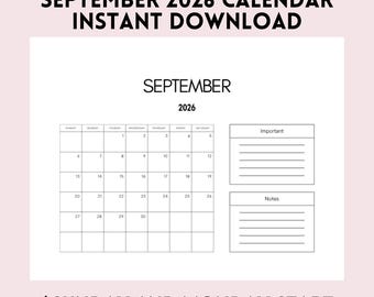 September 2026 Calendar Printable PDF | Fillable Monthly Calendar | Monday & Sunday Start | Landscape Planner | Instant Download
