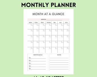 Monthly Planner Printable PDF | Monthly Calendar with Goals and Notes | A4, A5, US Letter | Minimalist Planner Insert | Instant Download