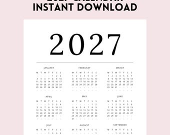 2027 Calendar Printable PDF | Monday and Sunday Start Calendar | A4, A5 & US Letter | Minimalist Yearly Planner | Instant Download