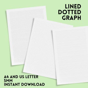 Puede incluir: Tres hojas de papel blanco con diferentes patrones: cuadriculado, punteado y rayado. El texto "LINED DOTTED GRAPH" está en la parte superior. El texto "A4 AND US LETTER 5MM INSTANT DOWNLOAD" está en la parte inferior.