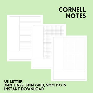 May include: Three white Cornell Notes templates with different layouts: lined, grid, and dotted. The text on the image reads "Cornell Notes", "US Letter", "7mm Lines, 5mm Grid, 5mm Dots, Instant Download". The background is light green.