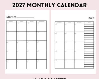 2027 Two-Page Monthly Planner Printable PDF | Undated Monthly Calendar | A4, A5 & US Letter | Minimalist Planner Insert | Instant Download
