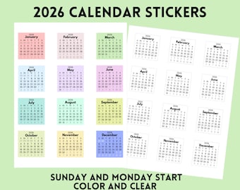 2026 Calendar Sticker Boxes | Monday & Sunday Start | PNG Files , 300 DPI | Instant Download