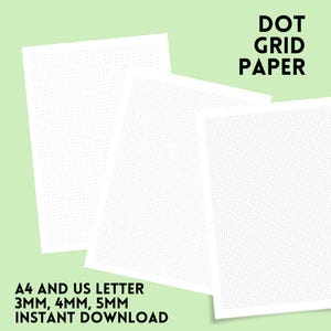 Könnte beinhalten: Drei Blätter weißes Punktrasterpapier mit gleichmäßig verteilten Punkten. Der Text "DOT GRID PAPER" befindet sich oben rechts. Der Text "A4 AND US LETTER 3MM, 4MM, 5MM INSTANT DOWNLOAD" befindet sich unten links.