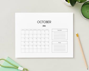 October 2026 Calendar Printable | Fillable Landscape Planner (Digital Download)