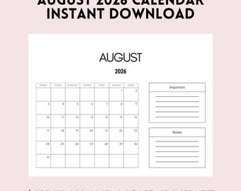 August 2026 Calendar Printable PDF | Fillable Monthly Calendar | Monday & Sunday Start | Landscape Planner | Instant Download