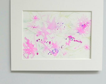 Floral abstract original watercolour painting. Pink flowers with a hint of green leaves.