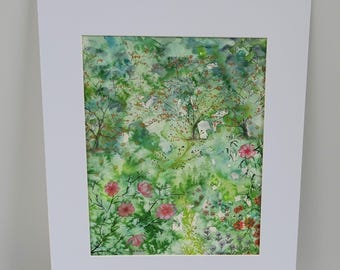 Original mixed media painting - Woodland Reverie. Flowers, trees, woodland, forest.