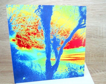 Fantasy, trees, psychedelic. Greeting card, birthday card, thank you note, anniversary card.  Blank inside. 6 x 6 inches.