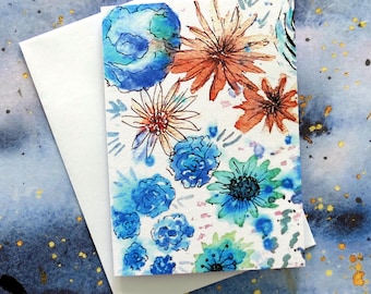 Handmade Blue Garden Floral Card, Abstract Watercolor Painting, Birthday Thank You Note