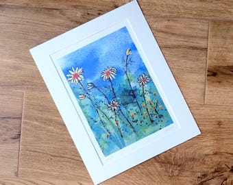 A4 print from original painting. Watercolour and ink. 'Daisy field'