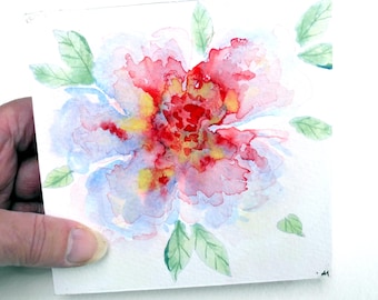 Original Watercolour Painting of frilly pink flower (No. 3) on a Wood Panel - 12x12 cms