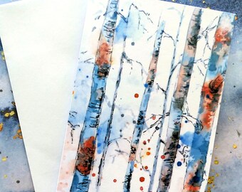 Birthday card printed from my original painting. In the Woods, set of 2. Trees in watercolour and ink. Anniversary, Thank you, Wedding