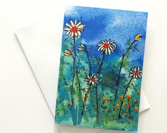 Handmade Daisy Field Watercolour Card, Original Painting Art Greetings, Birthday Anniversary Message