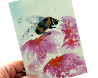 Handmade card, Bumble Bee and Pink Flowers. Birthday card, Thank you note, Anniversary, Nature