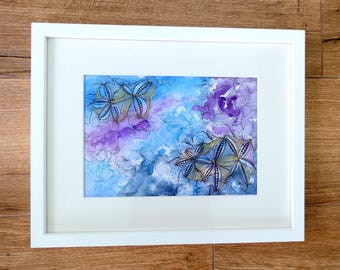 Original Watercolor & Ink Flower Painting: Abstract Purple Blue Gold, Framed