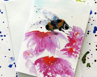 Handmade card, Bumble Bee and Pink Flowers. Birthday card, Thank you note, Anniversary, Nature