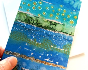 Handmade art card, print of original painting of a Water Meadow. Birthday, wedding, anniversary, thank you note.