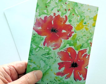 Handmade card, Red flowers, abstract watercolour painting. Birthday card, Thank you note, Anniversary, Nature