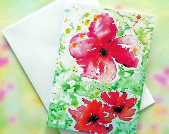 Handmade card, Red flowers, abstract watercolour painting. Birthday card, Thank you note, Anniversary, Nature