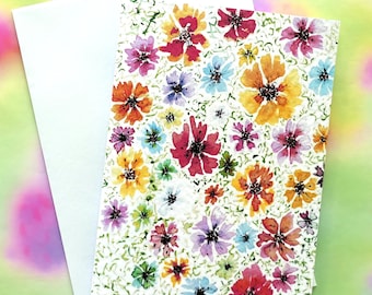 Handmade Garden Floral Card, Watercolor Painting, Birthday Thank You Note
