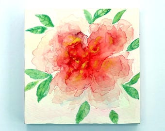 Original Watercolour Painting of frilly pink flower (No. 1) on a Wood Panel - 12x12 cms