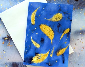 Handmade card with painting of Gold Feathers. Birthday card, anniversary. Blank inside.