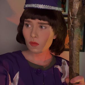 May include: A person in a purple wizard costume with a matching hat adorned with a silver crescent moon. The costume includes a purple robe with silver star accents. The person is holding a wooden staff.